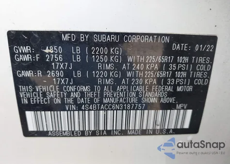 2022 Subaru Outback Premium из США, поврежденный, VIN 4S4BTACC6N3187757